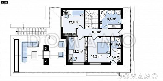 Проект современного двухэтажного дома из газобетона с панорамным остеклением и просторной террасой на втором этаже / План 2 этажа