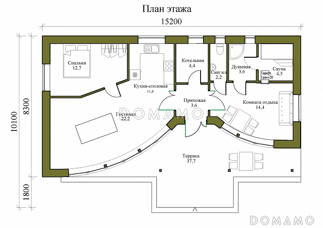 Проект одноэтажной бани с панорамным остеклением, крытой террасой, спальней / План 1 этажа Проект одноэтажной бани с панорамным остеклением, крытой террасой, спальней / План 1 этажа