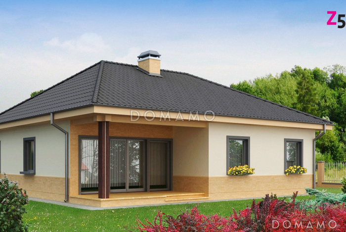 Проект одноэтажного дома из газобетона с тремя спальнями, светлой гостиной и угловым окном в кухне Проект одноэтажного дома из газобетона с тремя спальнями, светлой гостиной и угловым окном в кухне