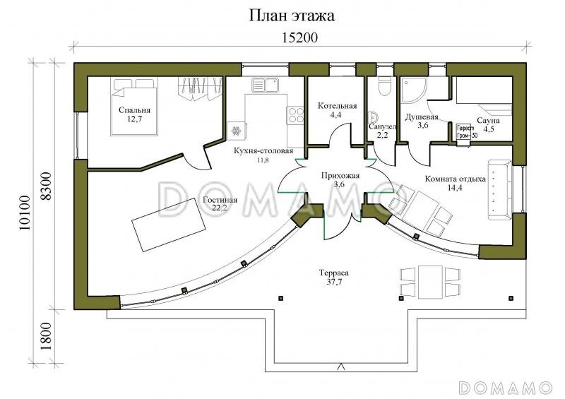 Проект одноэтажной бани с панорамным остеклением, крытой террасой, спальней / План 1 этажа