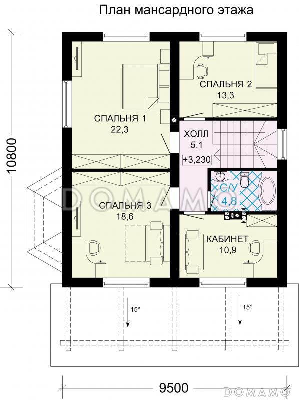 Проект загородного дома с крытой террасой и просторными спальными комнатами из SIP панелей / План мансардного этажа