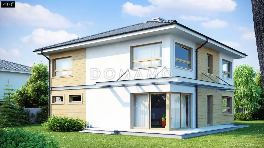 Проект двухэтажного кирпичного дома с 4 спальнями, подвалом и гаражом на 2 автомобиля / 1