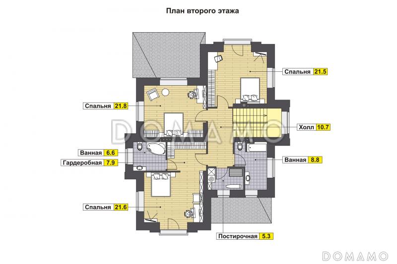 Проект дома по технологии ЛСТК с крытой террасой, кладовой под лестницей, гостевой на первом этаже, хозяйской спальней на втором этаже / План 2 этажа
