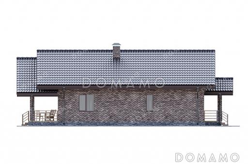 Проект выразительного одноэтажного дома с двухскатной крышей в разных уровнях, большой террасой и вторым светом / Фасад 1