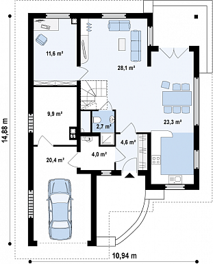 Проект мансардного дома из кирпича с кабинетом, гаражом и техническим помещением / План 1 этажа Проект мансардного дома из кирпича с кабинетом, гаражом и техническим помещением / План 1 этажа