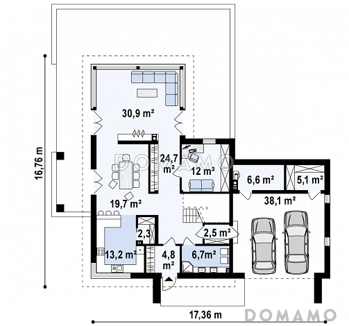 Проект современного двухэтажного дома из кирпича с плоской крышей с гаражом для двух автомобилей и террасами на обоих уровнях / План 1 этажа Проект современного двухэтажного дома из кирпича с плоской крышей с гаражом для двух автомобилей и террасами на обоих уровнях / План 1 этажа