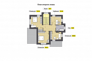 Проект дома с крытой террасой, кладовой под лестницей. эркерами, гостевой на первом этаже, спальнями и кабинетом на втором этаже / План 2 этажа Проект дома с крытой террасой, кладовой под лестницей. эркерами, гостевой на первом этаже, спальнями и кабинетом на втором этаже / План 2 этажа