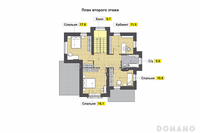 Проект дома с крытой террасой, кладовой под лестницей. эркерами, гостевой на первом этаже, спальнями и кабинетом на втором этаже / План 2 этажа Проект дома с крытой террасой, кладовой под лестницей. эркерами, гостевой на первом этаже, спальнями и кабинетом на втором этаже / План 2 этажа