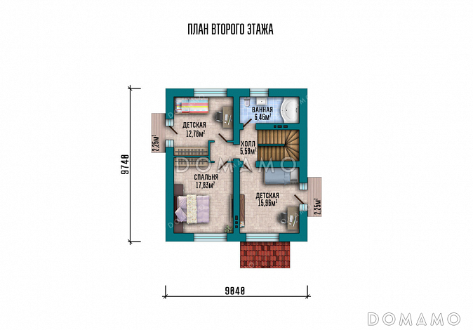 Проект компактного дома с тремя спальнями, котельной и изолированной кухней / План мансардного этажа Проект компактного дома с тремя спальнями, котельной и изолированной кухней / План мансардного этажа
