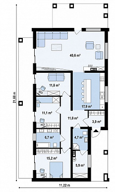 Проект одноэтажного дома необычной планировки из газобетона с двумя спальнями и кабинетом / План 1 этажа
