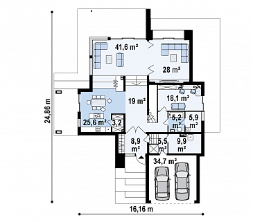 Проект большого современного двухэтажного дома из кирпича с четырьмя спальнями, кабинетом и гаражом для участка с рельефом / План 1 этажа Проект большого современного двухэтажного дома из кирпича с четырьмя спальнями, кабинетом и гаражом для участка с рельефом / План 1 этажа