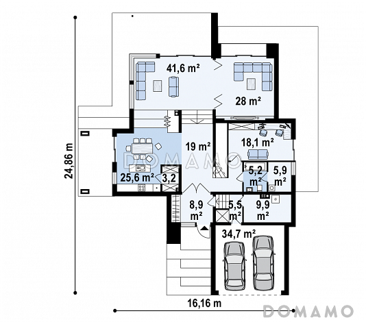 Проект большого современного двухэтажного дома из кирпича с четырьмя спальнями, кабинетом и гаражом для участка с рельефом / План 1 этажа Проект большого современного двухэтажного дома из кирпича с четырьмя спальнями, кабинетом и гаражом для участка с рельефом / План 1 этажа