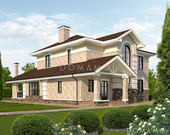 Проект дома с крытой террасой с камином, просторной кухней-столовой, гостиной с камином, сауной на втором этаже