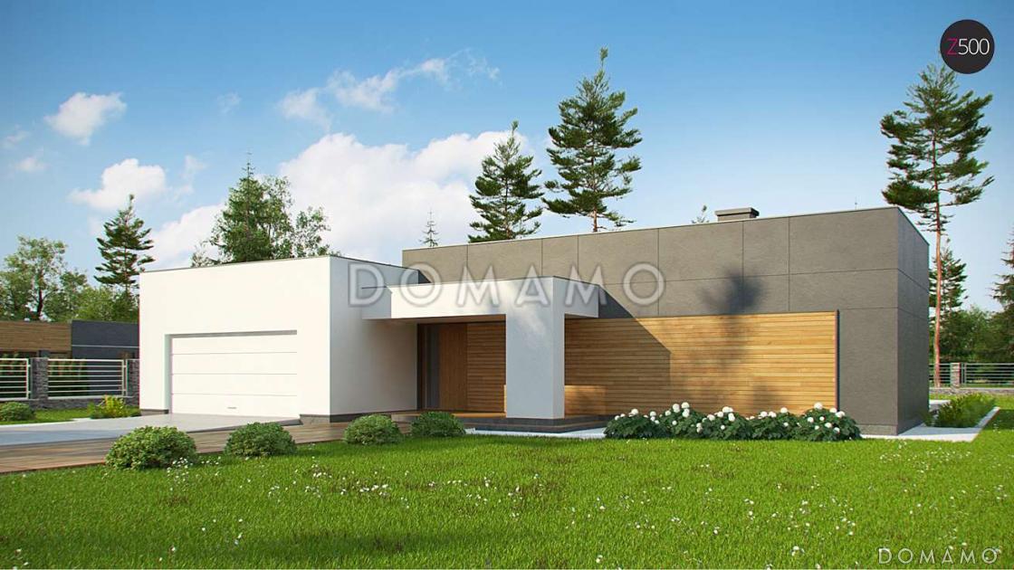 Проект современного одноэтажного дома из кирпича с плоской крышей, с большой угловой террасой и двухместным гаражом / 1