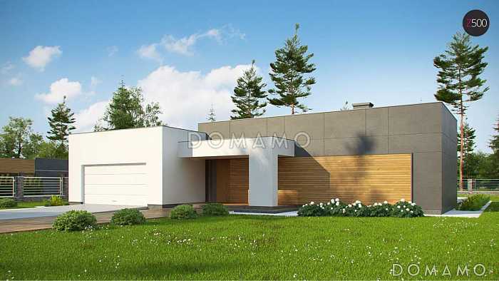 Проект современного одноэтажного дома из кирпича с плоской крышей, с большой угловой террасой и двухместным гаражом Проект современного одноэтажного дома из кирпича с плоской крышей, с большой угловой террасой и двухместным гаражом