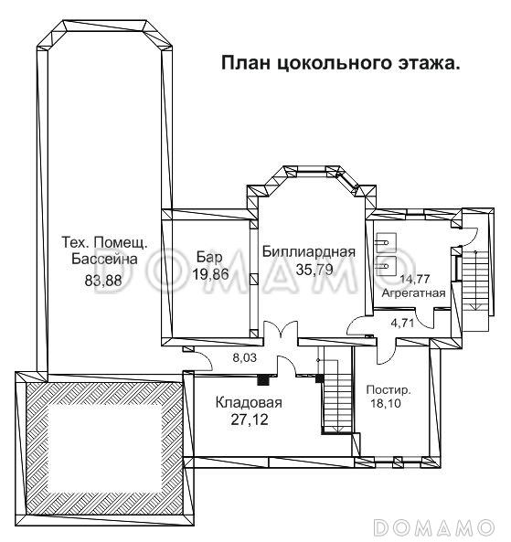 Проект дома с гаражом на два автомобиля, бассейном и небольшой террасой / План цокольного этажа