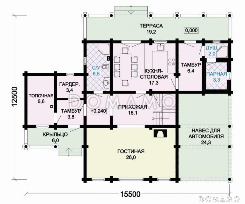 Проект деревянного дома с небольшой парной, просторной террасой и навесом для машины / План 1 этажа