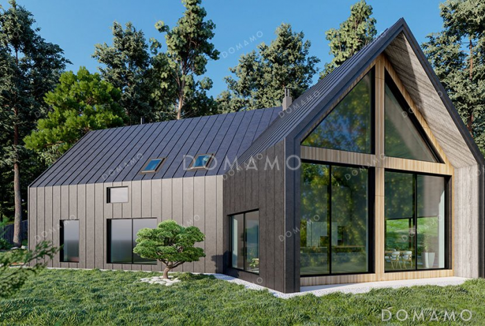 Проект одноэтажного дома с мансардой и большими окнами Проект одноэтажного дома с мансардой и большими окнами