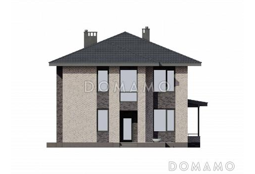 Проект двухэтажного газобетонного дома с большой гардеробной, пятью комнатами и пристроенной террасой / Фасад 1