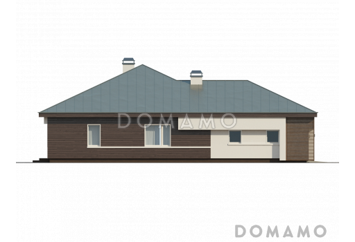Проект одноэтажного дома из кирпича со стеклянным эркером в просторной гостиной и гаражом на два автомобиля / Фасад 3