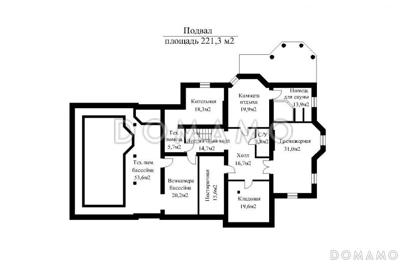 Проект двухэтажного особняка в классическом стиле, с бассейном, зимним садом и просторной террасой второго этажа  / План цокольного этажа