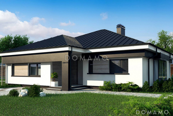 Проект дома с хозяйской спальней, кухней с кладовой, ванной с окном