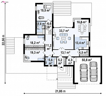 Проект современного трёхуровнего дома из кирпича с плоской крышей, с большим гаражом, спортзалом и сауной / План 1 этажа Проект современного трёхуровнего дома из кирпича с плоской крышей, с большим гаражом, спортзалом и сауной / План 1 этажа