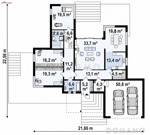 Проект современного трёхуровнего дома из кирпича с плоской крышей, с большим гаражом, спортзалом и сауной / План 1 этажа Проект современного трёхуровнего дома из кирпича с плоской крышей, с большим гаражом, спортзалом и сауной / План 1 этажа