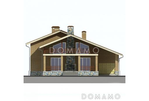 Проект дома из кирпича с экономичной двускатной крышей и навесом для автомобиля / Фасад 3