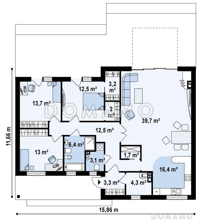 Проект современного одноэтажного дома из газобетона со светлой просторной гостиной и тремя спальнями / План 1 этажа