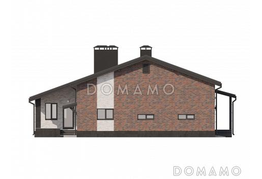 Проект одноэтажного дома из газобетона с 3 спальнями, верандой и гаражом / Фасад 2