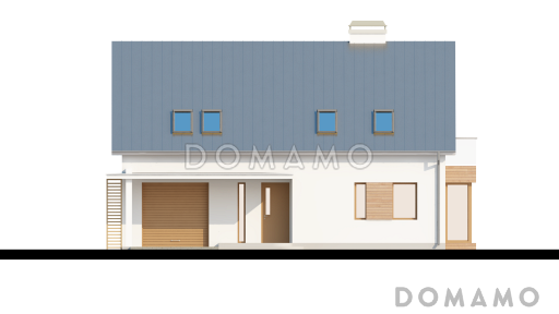 Проект одноэтажного мансардного дома из кирпича со стеклянным эркером в кухонной зоне и гаражом / Фасад 4