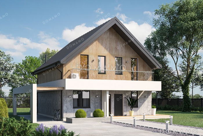 Проект дома с просторной террасой и мансардой