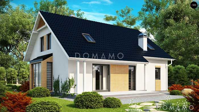 Проект мансардного дома из кирпича с кабинетом, тремя спальнями и гаражом