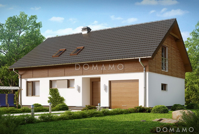 Проект одноэтажного мансардного дома из кирпича простой формы с кабинетом и встроенным гаражом