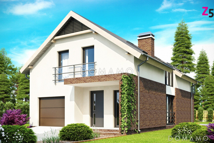 Проект одноэтажного дома из кирпича с мансардным этажом и встроенным гаражом