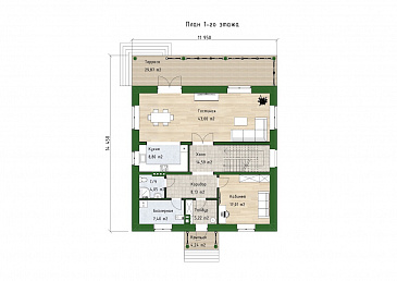 Проект двухэтажного дома с 4 спальнями, большой гостиной и подсветкой на террасе / План 1 этажа Проект двухэтажного дома с 4 спальнями, большой гостиной и подсветкой на террасе / План 1 этажа