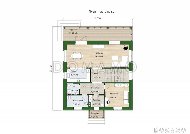 Проект двухэтажного дома с 4 спальнями, большой гостиной и подсветкой на террасе / План 1 этажа