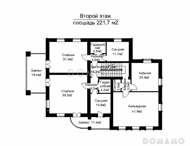 Проект двухэтажного загородного дома с высоким крыльцом / План 2 этажа Проект двухэтажного загородного дома с высоким крыльцом / План 2 этажа