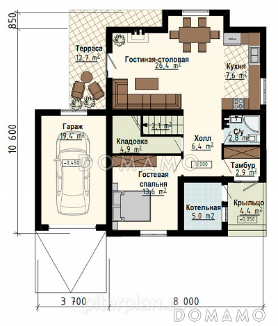 Проект современного дома с гаражом,  кладовой, террасой, балконами / План 1 этажа