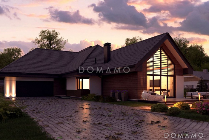 Проект загородного дома с гаражом на 2 машины и кладовой, просторной гостиной, кухней с угловым окном и кладовой, террасой