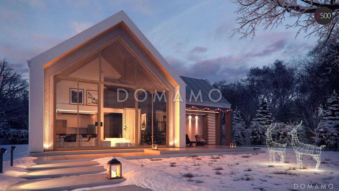 Проект современного одноэтажного мансардного дома из кирпича с панорамным остеклением, вторым светом и с гаражом / 5
