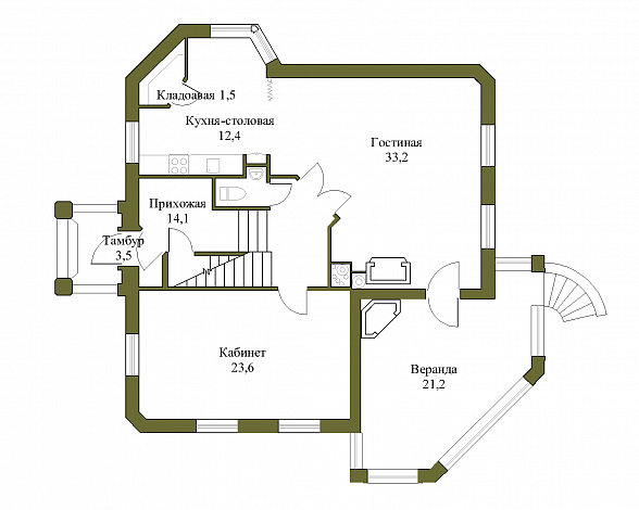 Проект трёхэтажного коттеджа с подвалом и зимним садом / План 1 этажа