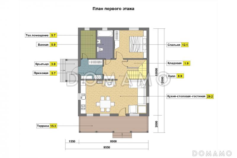 Проект каркасного дома с мансардными окнами / План 1 этажа Проект каркасного дома с мансардными окнами / План 1 этажа