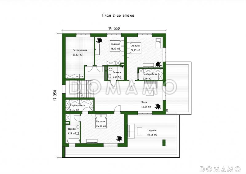 Проект дома в стиле хай-тек с 3 спальнями, большой гостиной, сауной и двухместным автонавесом / План 2 этажа
