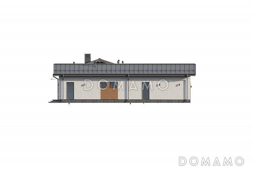 Проект одноэтажного дома из газобетона с навесом для двух автомобилей, 4 спальнями, сауной и верандой с барбекю / Фасад 4