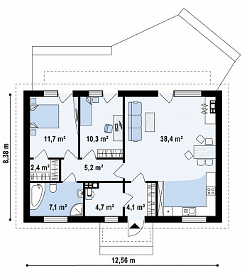 Проект простого компактного одноэтажного дома из кирпича с двумя спальнями и просторным хозяйственным помещением / План 1 этажа
