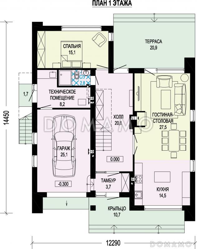 Проект двухэтажного дома с тремя спальнями, гаражом и эксплуатируемой кровлей / План 1 этажа