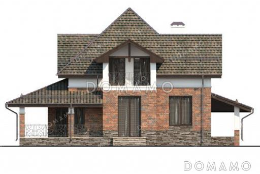 Проект дома с навесом для автомобиля, крытой террасой и двумя балконами на мансарде / Фасад 2