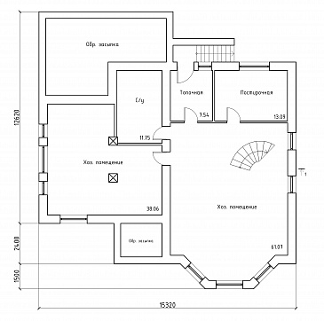 Проект двухэтажного дома с эркером и цокольным этажом, с винтовой лестницей / План цокольного этажа